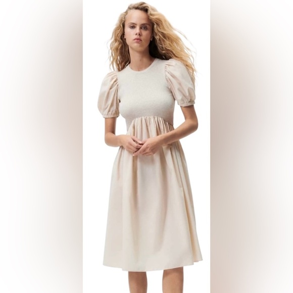 Zara Dresses & Skirts - Zara Balloon Sleeve Cotton Ribbed Midi Dress Light Beige Size Medium